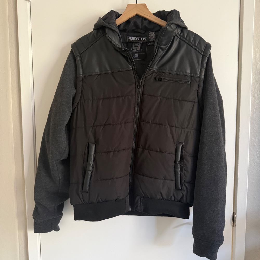 Distortion Mens Black Puffer Hooded Jacket M Gorpcore Minimalist Streetwear
